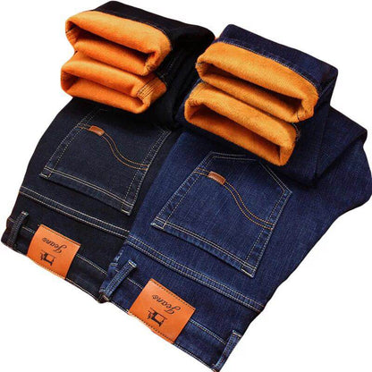Winter New Men's Warm Jeans Business Casual Elasticity Thick Slim Denim Pants Brand Trousers Black Plus Size 38 40