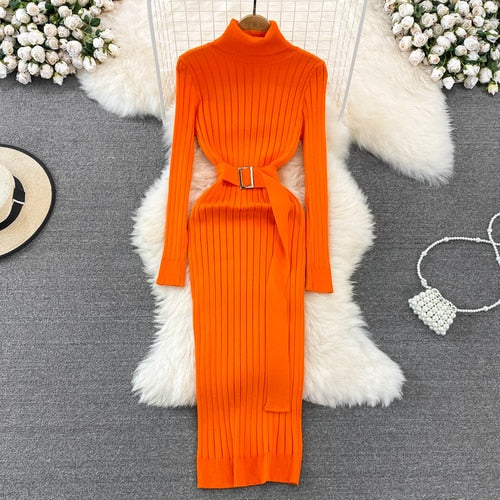 Chic Elegant Turtleneck Long Sleeve Bodycon Dress with Belt Sexy Fashion Knit Vestido Slim Autumn Winter Pencil Sweater Robe