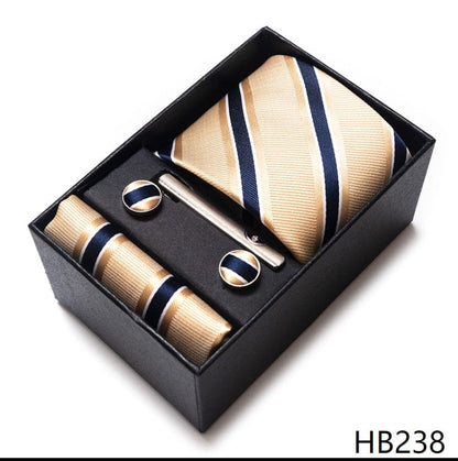 Silk Brand Tie Handkerchief Cufflink Set Necktie Holiday Gift Box Man's Blue Gold Suit Accessories Slim Cravat Wedding Gravatas