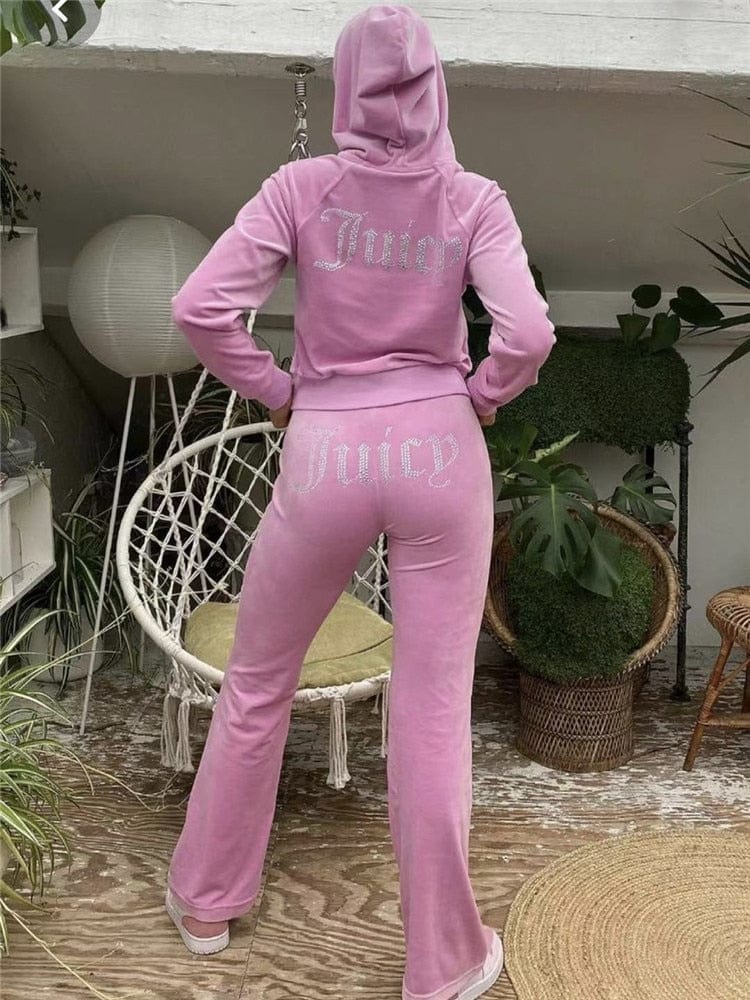 Velevt Set Două Piese Diamante Hanoră Crop Jachetă și pantaloni de jogging Ținute Streetwear Y2K Costume de jogging Trening Juicy Corture