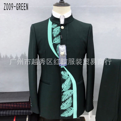 Fashion New Men's Casual Boutique Chinese Stand Collar Tunic Design Suit 2 Piece Set Blazers Jacket Coat Pants Trousers