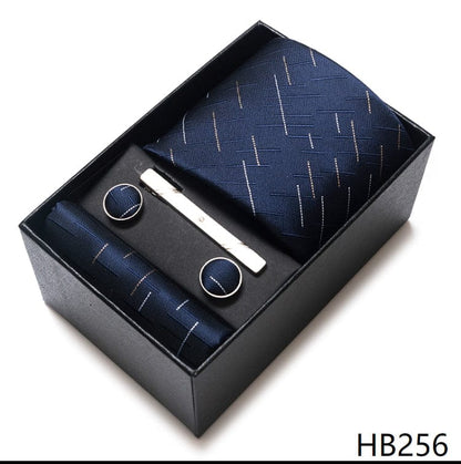 Silk Brand Tie Handkerchief Cufflink Set Necktie Holiday Gift Box Man's Blue Gold Suit Accessories Slim Cravat Wedding Gravatas