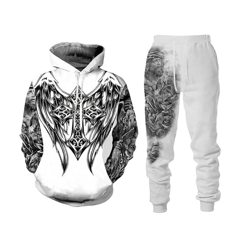 Jesus 3D Lion Print Hoodie + Pantaloni Set Două Piese Trening Bărbați Femei Hanorac cu Glugă Toamnă și Iarnă Costum de îmbrăcăminte pentru bărbați