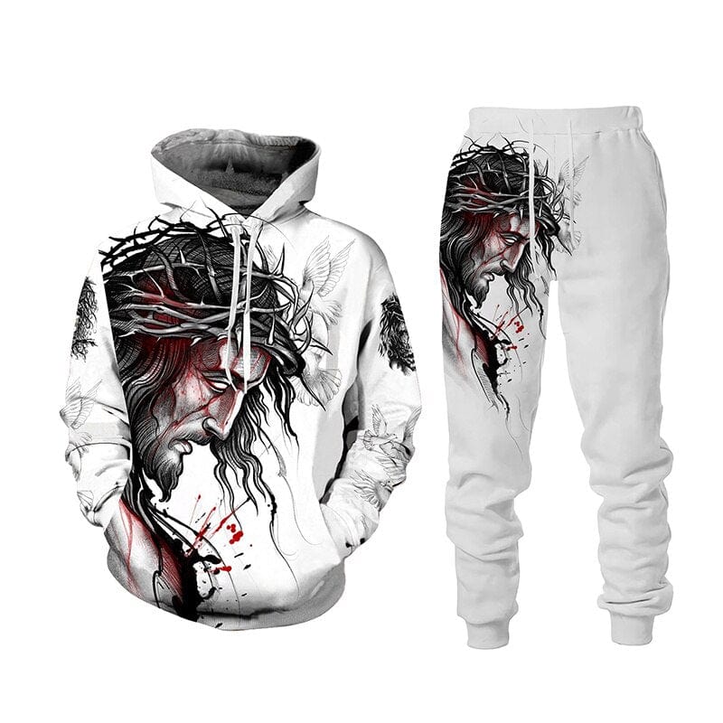 Jesus 3D Lion Print Hoodie + Pantaloni Set Două Piese Trening Bărbați Femei Hanorac cu Glugă Toamnă și Iarnă Costum de îmbrăcăminte pentru bărbați