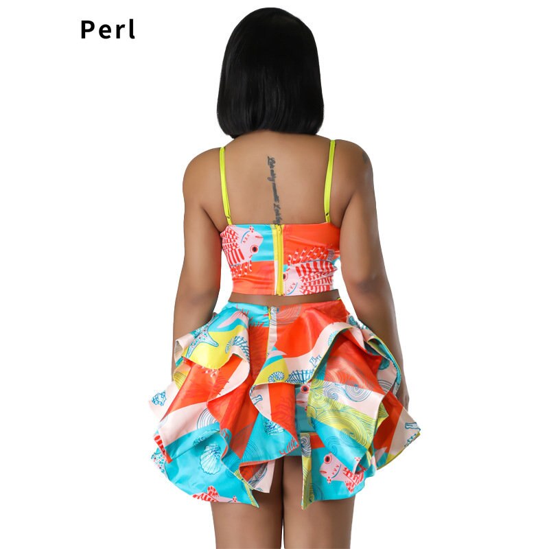 Perl Sling Printed Sequin Crop Top+petal Skirt Suit Charming Two Piece Sets Women Outfits Sexy Dress Sets Party Birthday Wear