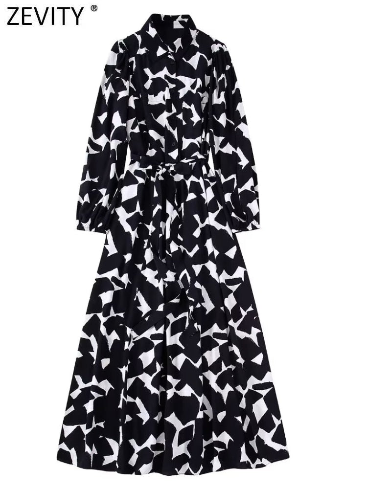 Zevity New Women Vintage Graffiti Print Casual Slim Sashes Midi Shirt Dress Female Chic Long Sleeve Business Vestidos DS2061