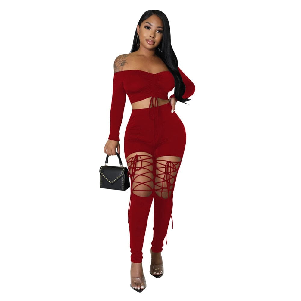 Off the Shoulder 2 Piece Set Women Sexy Long Sleeve Lace Up Ruched Crop Top Cut Out Lace Up Pants Skinny Club Party Outfits Sets