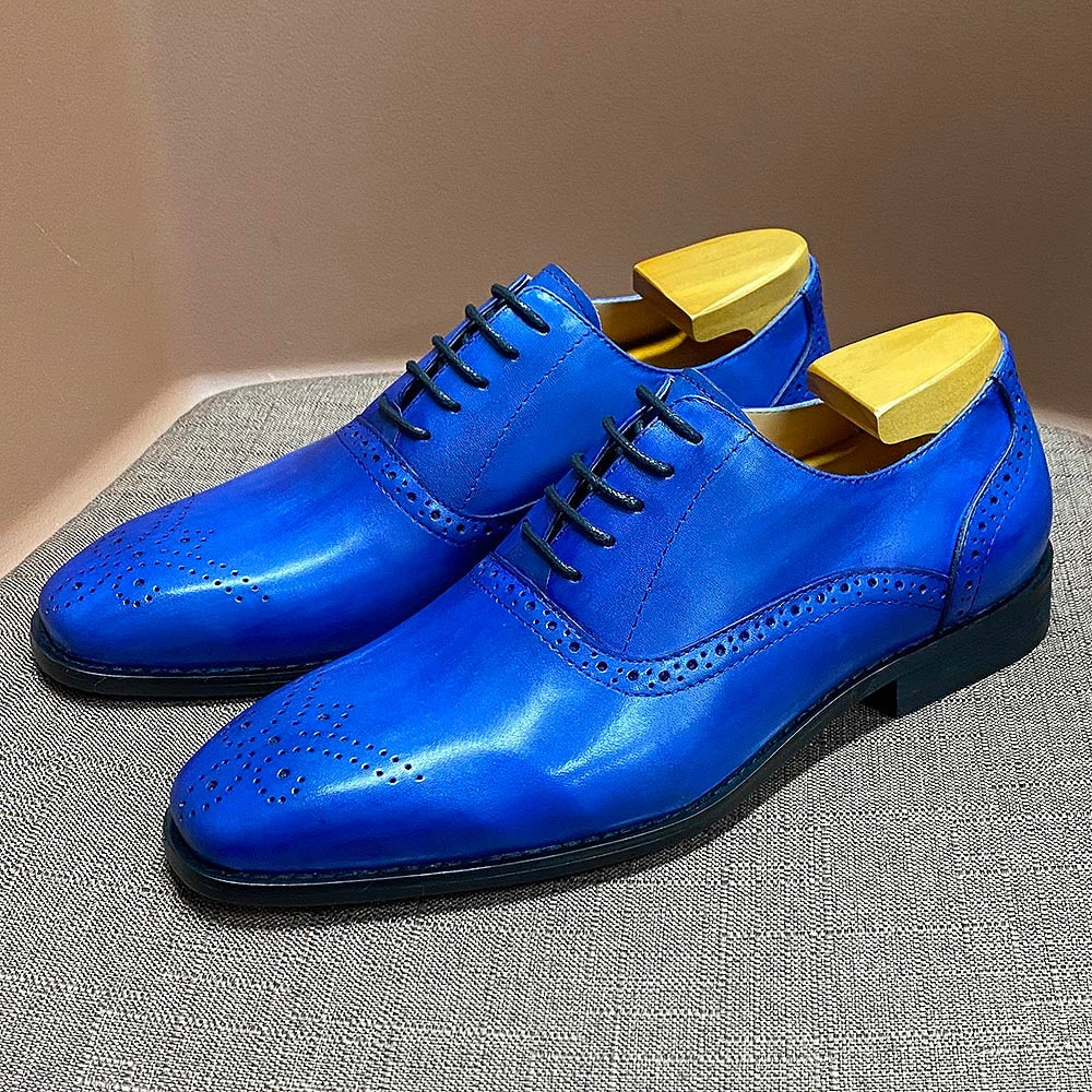 Men&#39;s Luxury Brand Shoes Fashion Brogue Formal Black Blue Lace-Up Wedding Office Dress Genuine Leather Oxford Shoes for Man