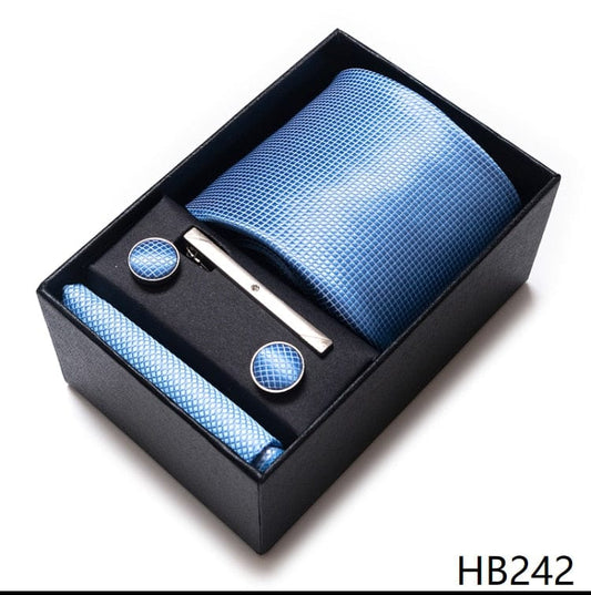 Silk Brand Tie Handkerchief Cufflink Set Necktie Holiday Gift Box Man's Blue Gold Suit Accessories Slim Cravat Wedding Gravatas