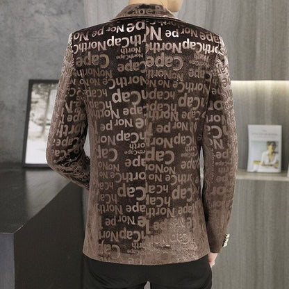 Mens Velvet Blazers  Spring New Fashion Casual Slim Gold Velvet Letter Print Suit Jacket Male Blazer Brand Clothing Coat