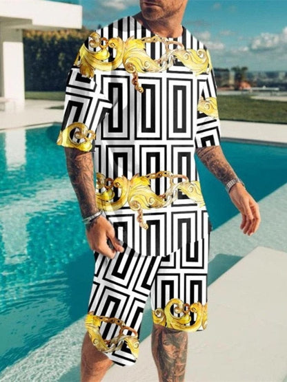 New Fashion Men's Suit Men's Print Suit Short Sleeve Summer Casual T-shirt Beach Two Piece Suit