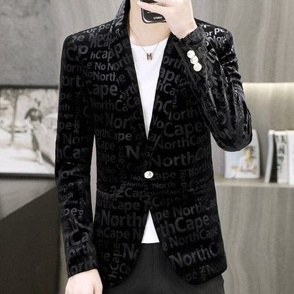 Mens Velvet Blazers  Spring New Fashion Casual Slim Gold Velvet Letter Print Suit Jacket Male Blazer Brand Clothing Coat