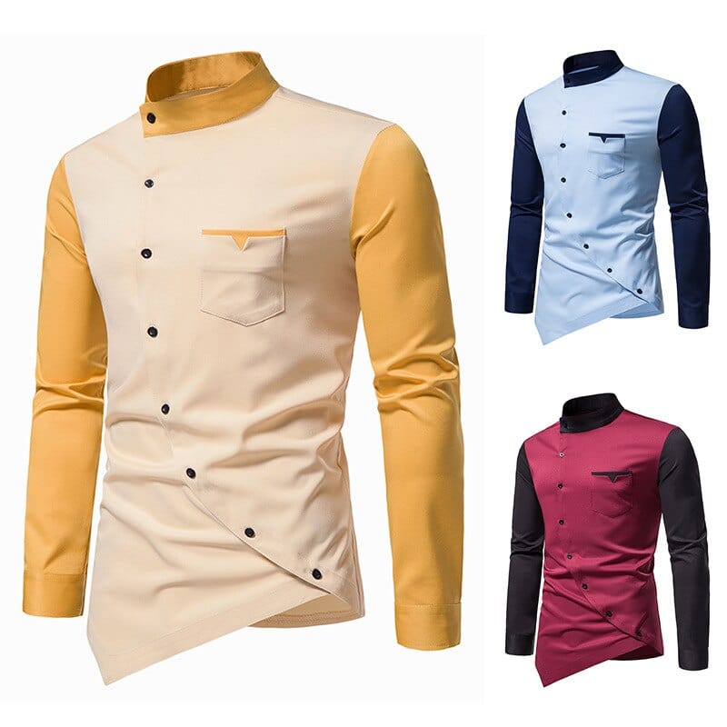 Spring and autumn men's long sleeved shirt personality casual diagonal button cute clothes evening dress luxury