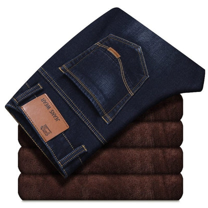 Winter New Men's Warm Jeans Business Casual Elasticity Thick Slim Denim Pants Brand Trousers Black Plus Size 38 40