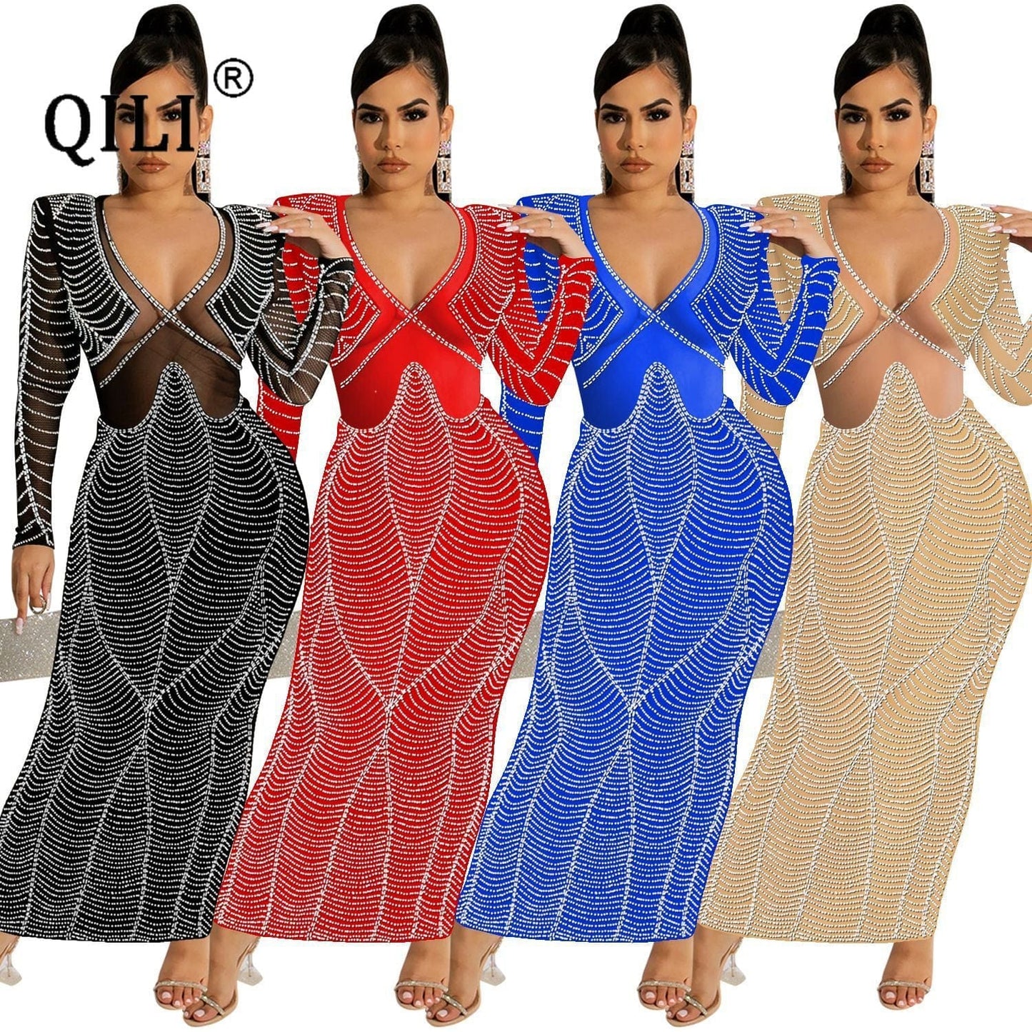 QILI 2022 New Sexy Club Ladys Dress Mesh Perspective Party Dress Diamonds V-neck Long Dress Personalized Diamonds Dress