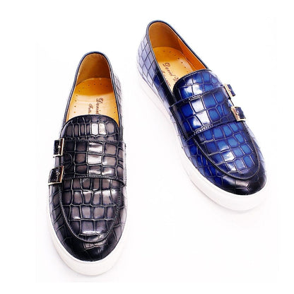 Luxury Brand Men's Loafer Shoes Gray Blue Crocodile Print Monk Strap Slip on Wedding Office Dress Casual Mules Leather Men Shoes