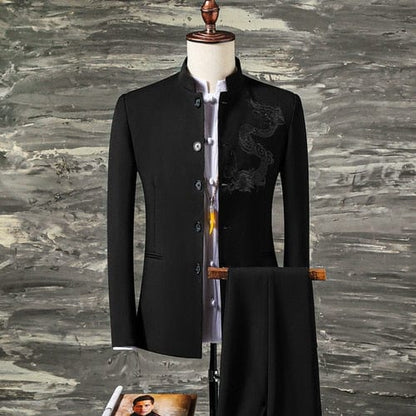 2 Pcs Set Stand Collar Blazers Jacket Pants /  Fashion New Men's Casual Boutique Business Solid Color Suit Coat Trousers