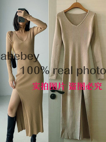 spring and winter sexy French slit sweater dress female slim tight-fitting hip-knit over-the-knee dresses