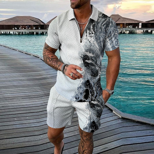 Men Casual Print Outfit 2-Piece Set Short Sleeve Shirt and Shorts Set Tracksuit High Quality Clothing M-3XL For Free Shipping