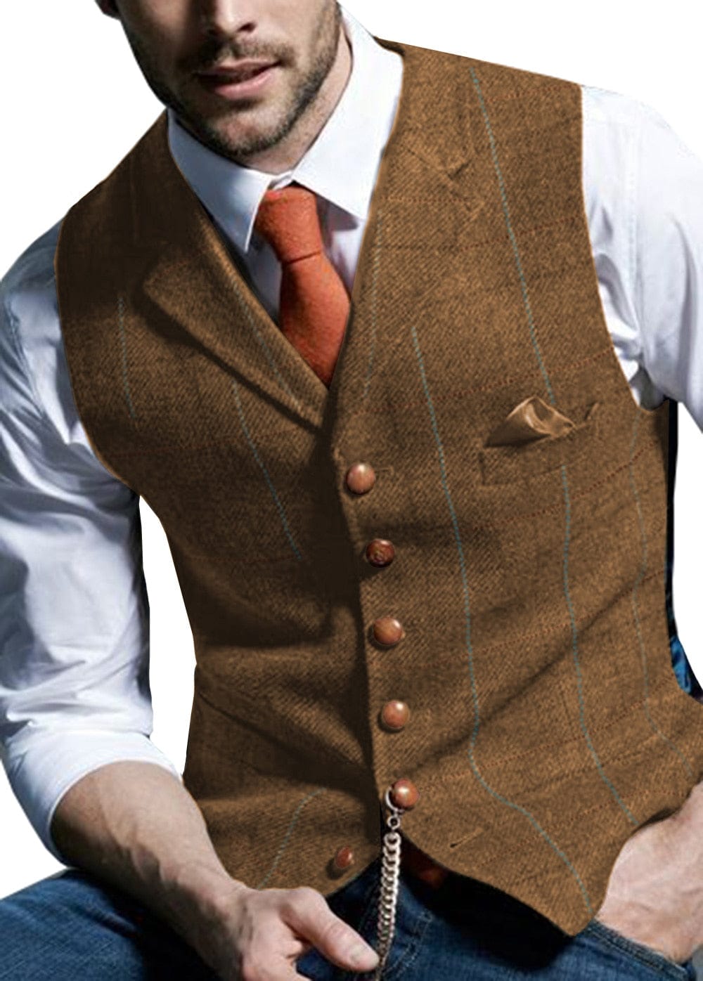 Men&#39;s Vests Tweed Suit Business Clothing for Men Striped Waistcoat  Punk Vest Groomman Wedding Brwon Black Grey Jacket