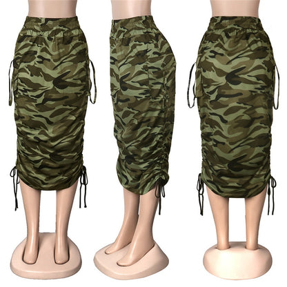 ANJAMANOR Camouflage Newspaper Print Draw String Ruched Long Skirts Women Clothing Fashion  Sexy Pencil Skirts D35-DZ14