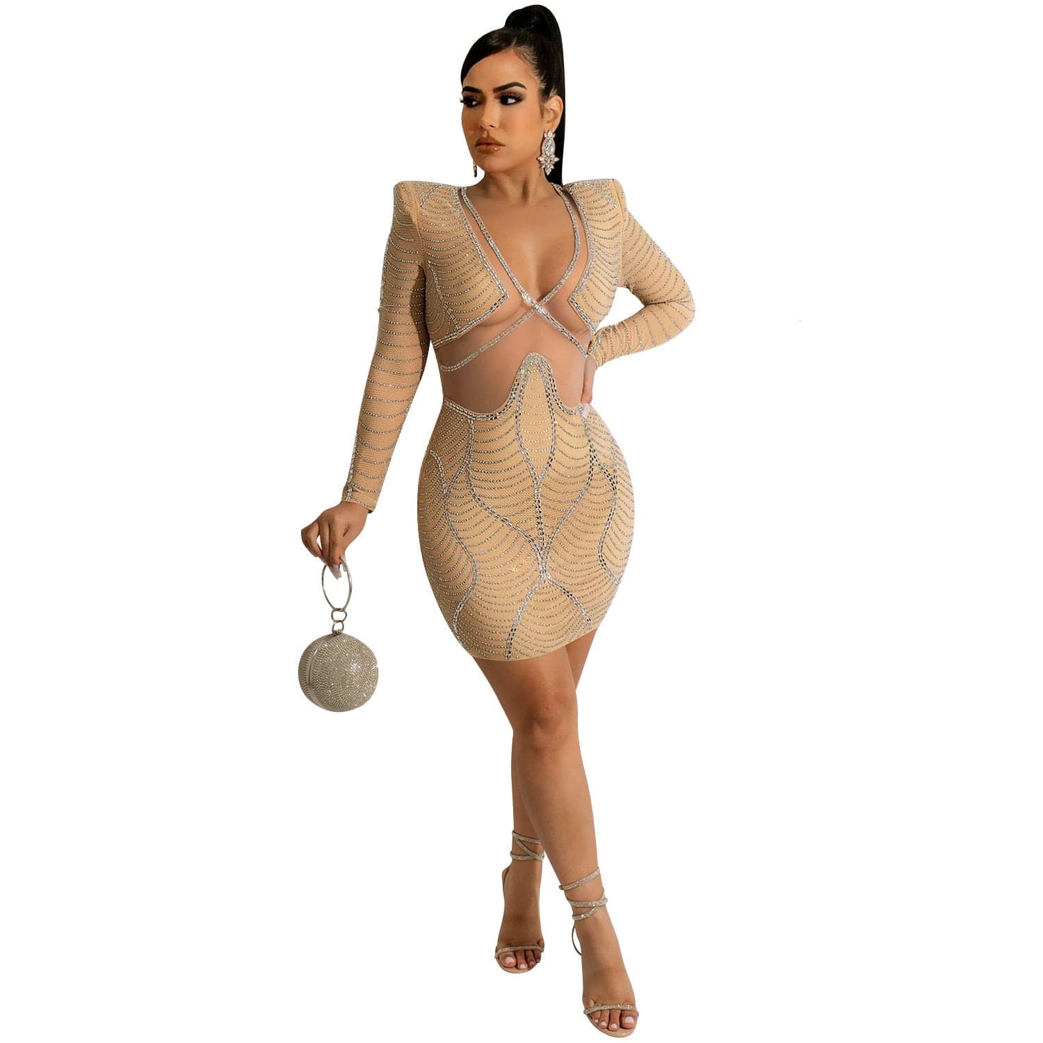 QILI Hollow Out Diamonds Dress See Through Mesh Mini Hip Wrap Short Dresses Party Club Dress Deep V-Neck Full Sleeve