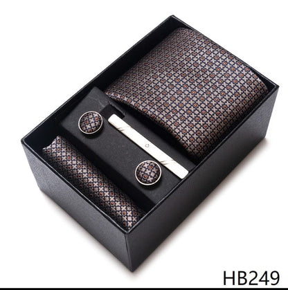 Silk Brand Tie Handkerchief Cufflink Set Necktie Holiday Gift Box Man's Blue Gold Suit Accessories Slim Cravat Wedding Gravatas
