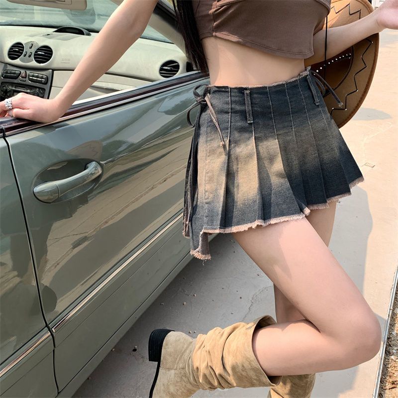 Vintage Denim Skirt Women 2023 Summer New American Trend High Street Sexy Mini Skirt Fashion Irregular High Waist Pleated Skirt