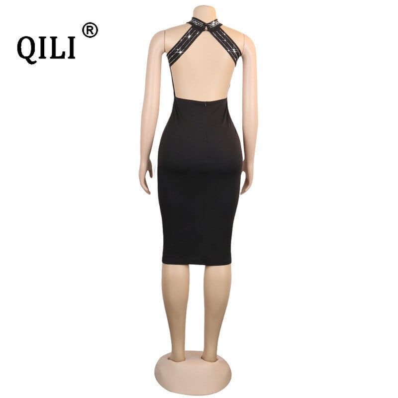 QILI Women Sexy Party Dress Sleeveless Backless Diamonds Rhinestone Dresses Black See Through Mesh Bodycon Dress