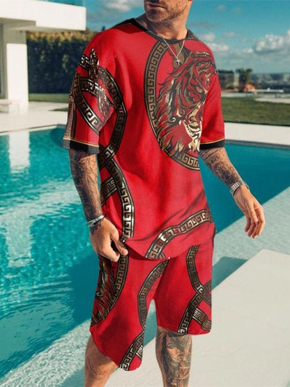 New Fashion Men's Suit Men's Print Suit Short Sleeve Summer Casual T-shirt Beach Two Piece Suit