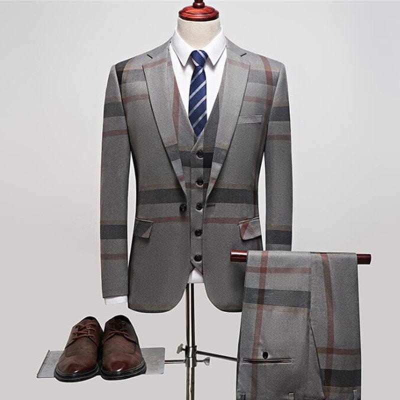 3 Pcs Suits Set Coat Vest Pants / 2022 Fashion Men&#39;s Casual Boutique Business Plaid Slim Formal Dress Blazers Jacket Waistcoat