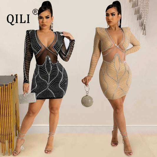 QILI Hollow Out Diamonds Dress See Through Mesh Mini Hip Wrap Short Dresses Party Club Dress Deep V-Neck Full Sleeve