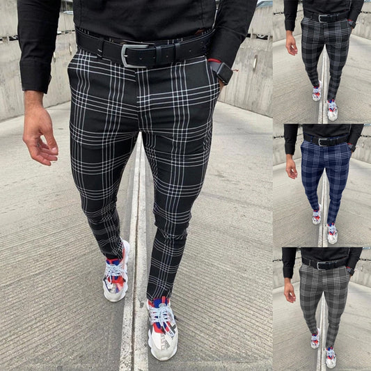 Summer Men&#39;s Casual Pants Plaid Social Stretch Trousers Mid Waist Skinny Business Office Working Party Male Suit Pants Autumn