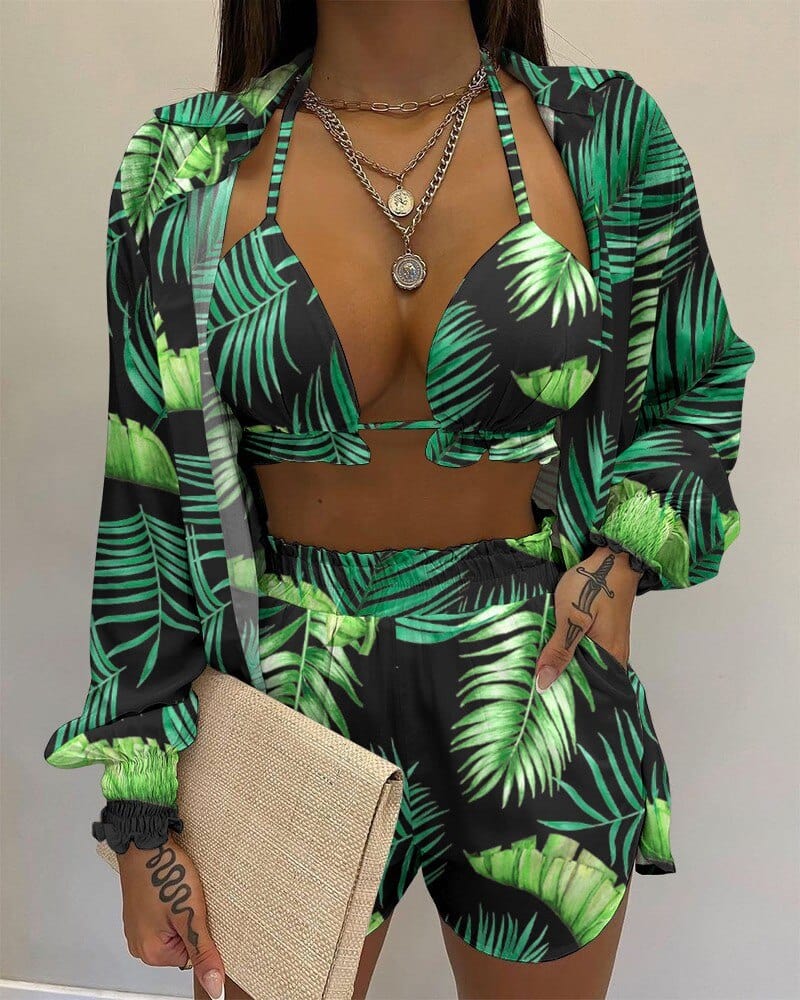 Summer 3 Piece Set Outfits Women Fashion Sexy Beach Style Printed Suspender Shirt Shorts Pant Suit Three Piece  Set Women