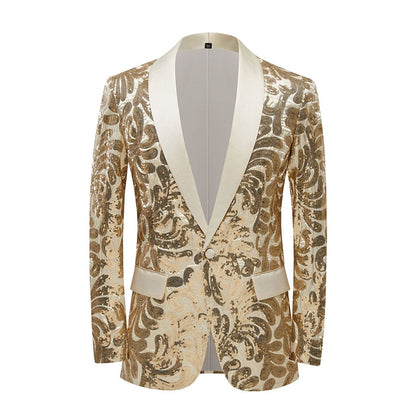 Men Luxury Red Velvet Sequins Floral Pattern Suit Jacket Blazer Stylish Shawl Lapel Blazers Men Party Stage Singer Costume Homme