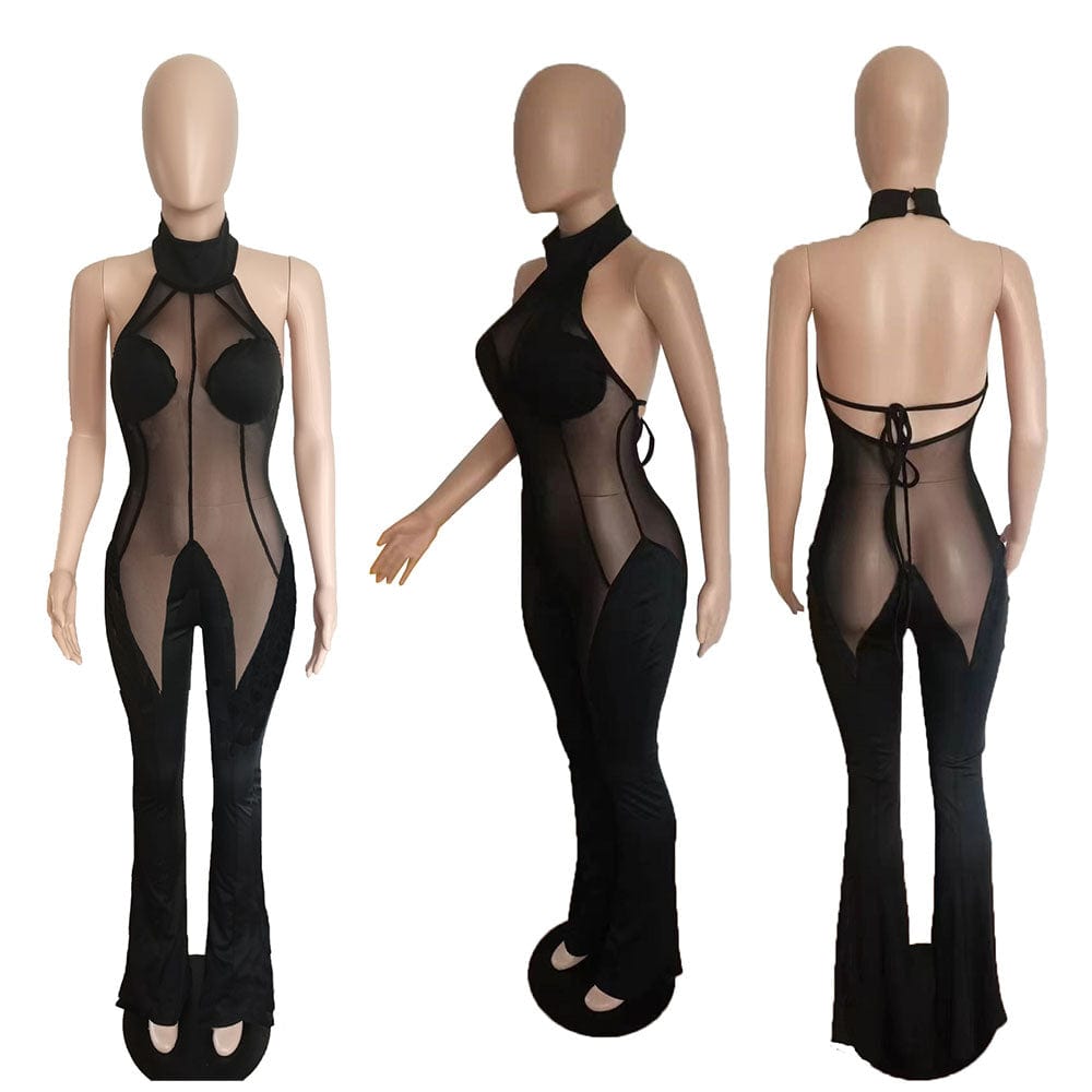 Sexy Halter Backless Long Jumpsuit Women Patchwork Mesh Bodycon Rompers Summer Wide Leg Pants See Through One Piece Club Outfit