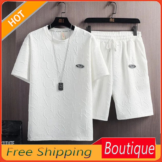 M-2XL Men&#39;s Set Two Piece Men&#39;s Clothing Summer Summer Summer Waffle Short Sleeve T-shirt Korean Loose Half Sleeve Set