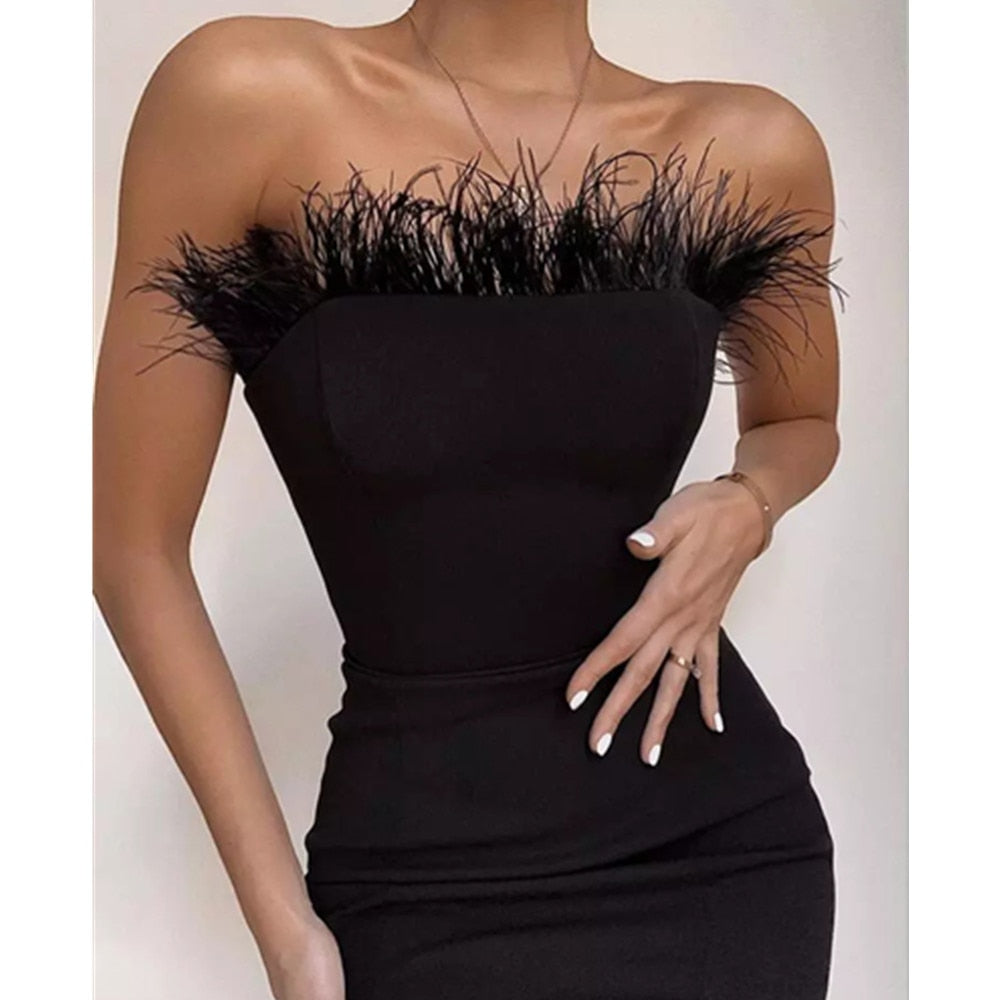 New Summer Sexy Strapless Backless Feather Black Midi Women Bodycon Bandage Dress 2022 Designer Fashion Party Club Dress Vestido