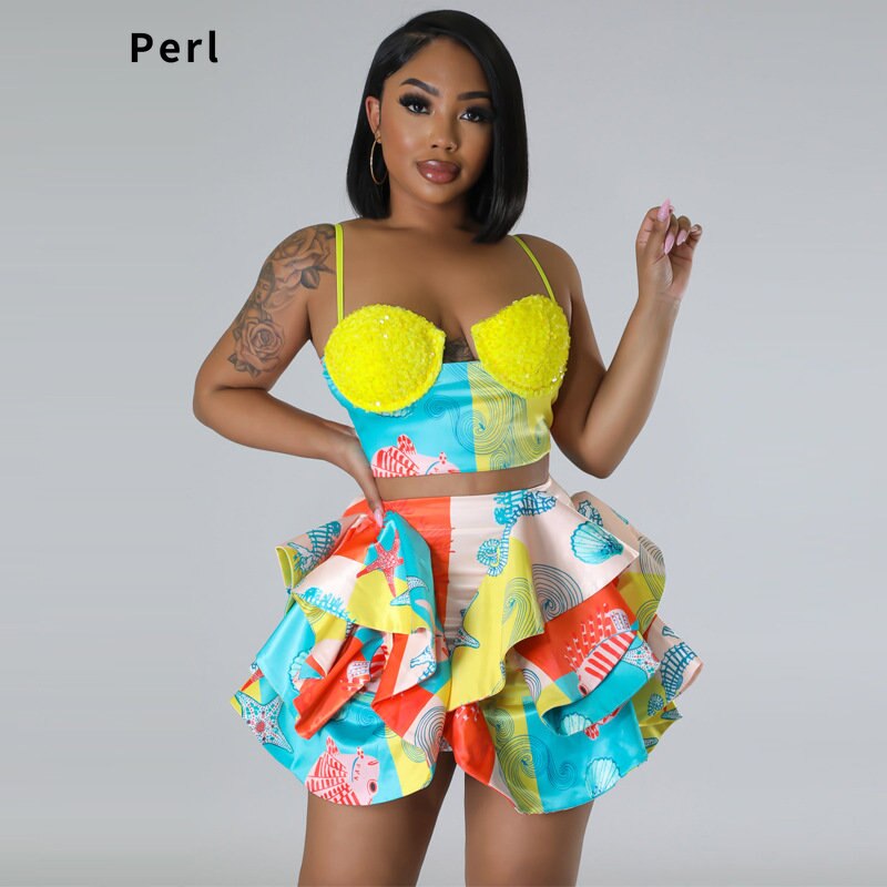 Perl Sling Printed Sequin Crop Top+petal Skirt Suit Charming Two Piece Sets Women Outfits Sexy Dress Sets Party Birthday Wear