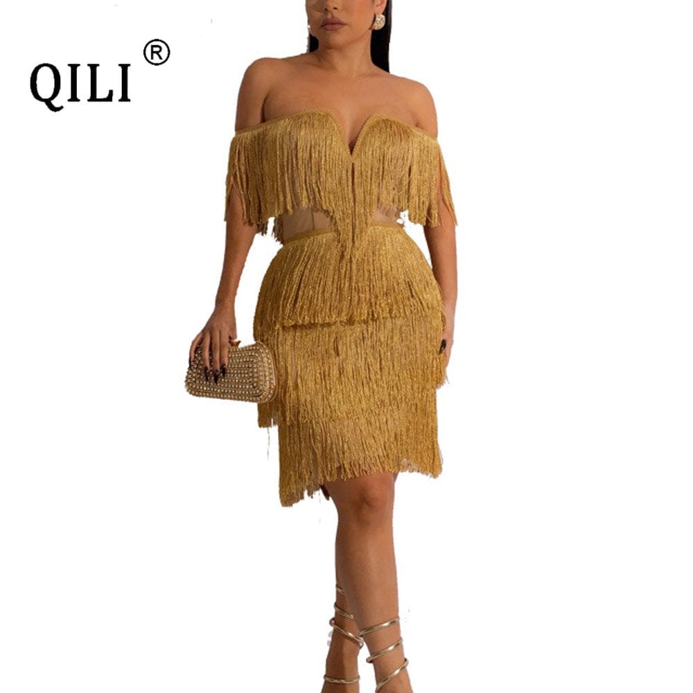 QILI Off The Shoulder Tassel Sexy Dresses for Women 2023 White Black Dress Elegant Cascading Tassels Vestido Feminino