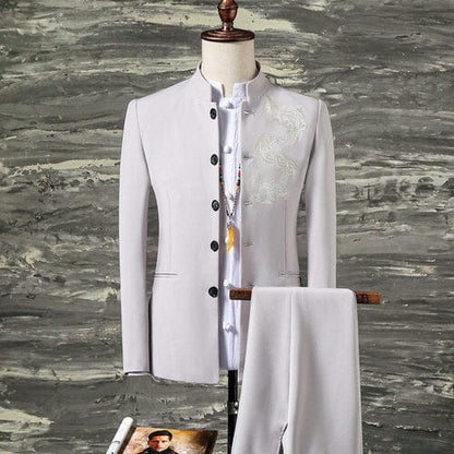 2 Pcs Set Stand Collar Blazers Jacket Pants /  Fashion New Men's Casual Boutique Business Solid Color Suit Coat Trousers