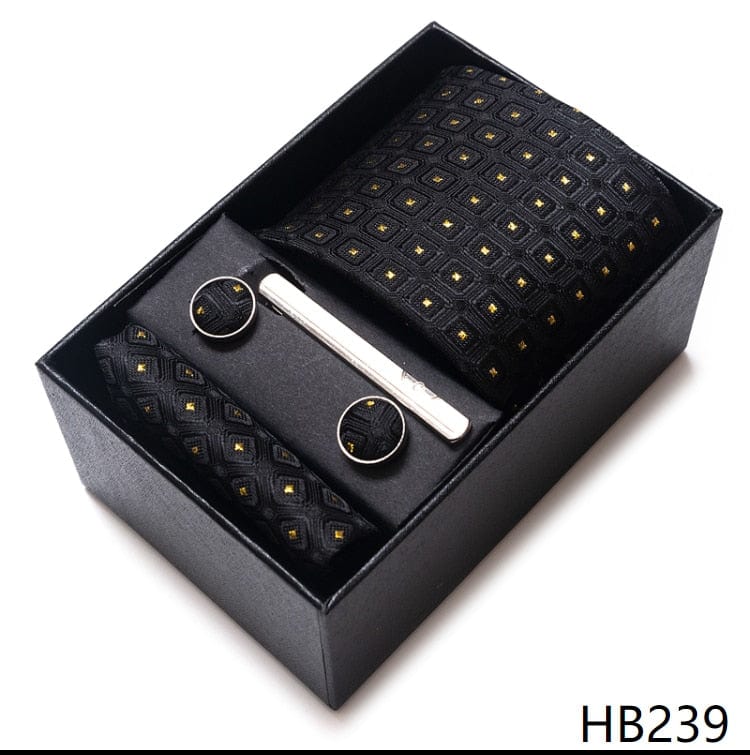 Silk Brand Tie Handkerchief Cufflink Set Necktie Holiday Gift Box Man's Blue Gold Suit Accessories Slim Cravat Wedding Gravatas