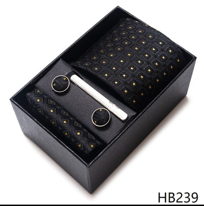 Silk Brand Tie Handkerchief Cufflink Set Necktie Holiday Gift Box Man's Blue Gold Suit Accessories Slim Cravat Wedding Gravatas