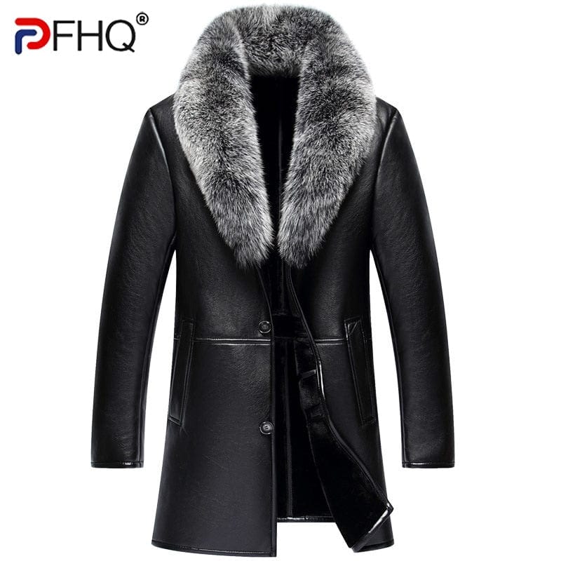 PFHQ 2022, iarnă, nouă, piele de shearling, haină lungă, elegantă, pentru bărbați, guler de păr de vulpe, design de blană imitație, jachetă termică de lux la modă