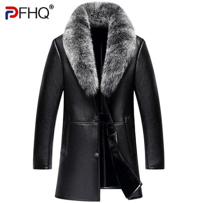 PFHQ  Winter New Shearling Leather Elegant Long Coat Men's Fox Hair Collar Imitation Fur Design Luxury Trendy Thermal Jacket
