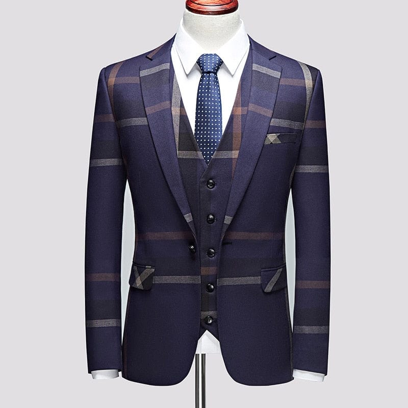 3 Pcs Suits Set Coat Vest Pants / 2022 Fashion Men&#39;s Casual Boutique Business Plaid Slim Formal Dress Blazers Jacket Waistcoat