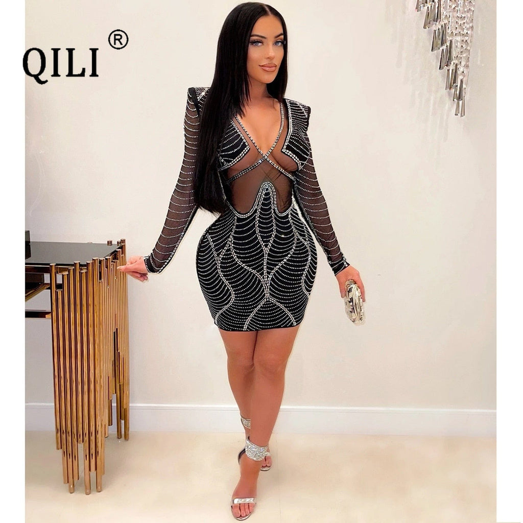 QILI Hollow Out Diamonds Dress See Through Mesh Mini Hip Wrap Short Dresses Party Club Dress Deep V-Neck Full Sleeve