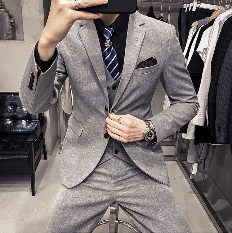 7XL (sacou + vestă + pantaloni) în carouri cu dungi de culoare solidă Costum de afaceri formal pentru bărbați Set de 3 bucăți Mire, nuntă, rochie de spectacol social