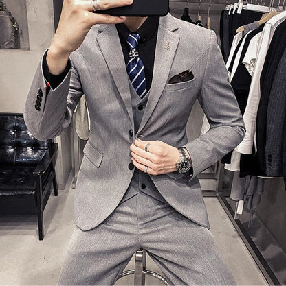 7XL ( Blazer + Waistcoat + Pants ) Striped Plaid Solid Color Mens Formal Business Suit 3pce Set Groom Wedding Social Show Dress