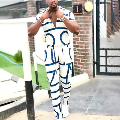 Fashion Spring Summer Men's Casual Two Piece Sets Short Sleeve Tops And Long Pants Suit Pattern Print Outfit Men Streetwear
